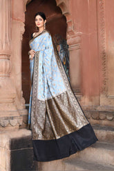 Grey - Black Pure Crepe Georgette Silk Saree With Blouse